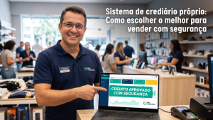 A imagem apresenta um homem sorridente em primeiro plano, dentro de uma loja de varejo ou vestu&aacute;rio.