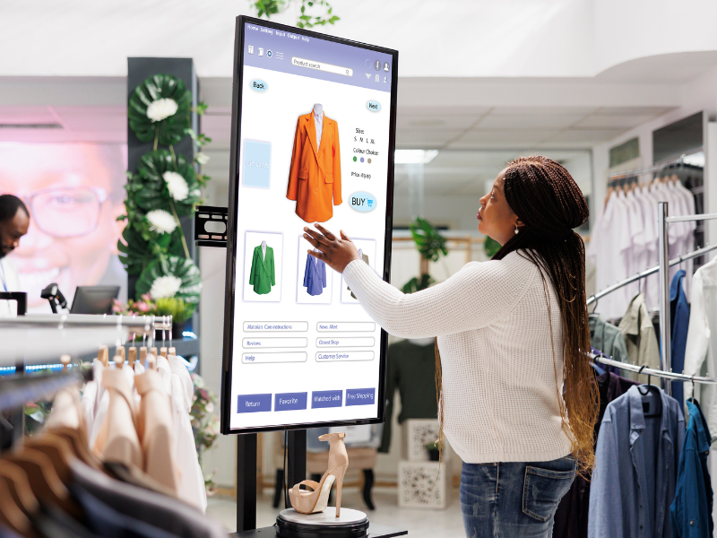 A imagem mostra uma cliente em uma loja de roupas interagindo com um display digital interativo, um exemplo de varejo 