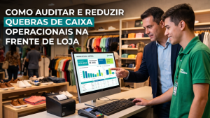 A imagem mostra o interior de uma loja de roupas e calçados com destaque para um ambiente de atendimento ou caixa.